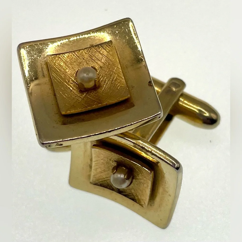 3 for $30 Vintage Signed Speidel USA Gold Tone Square Cufflinks Faux Pearl